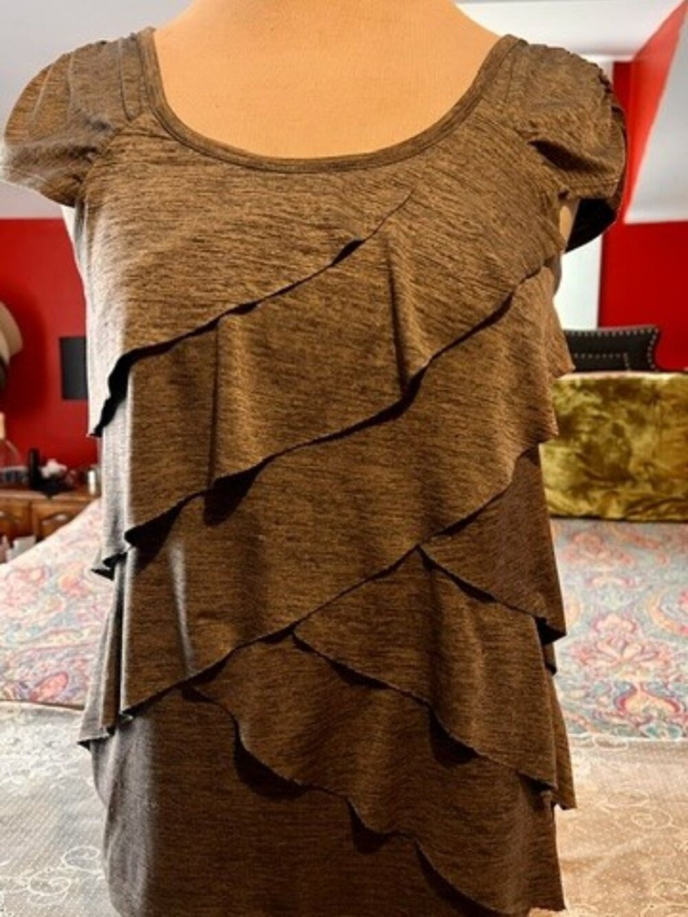 AB Studio Gray Brown Layered Ruffle Cap Sleeve Top XS